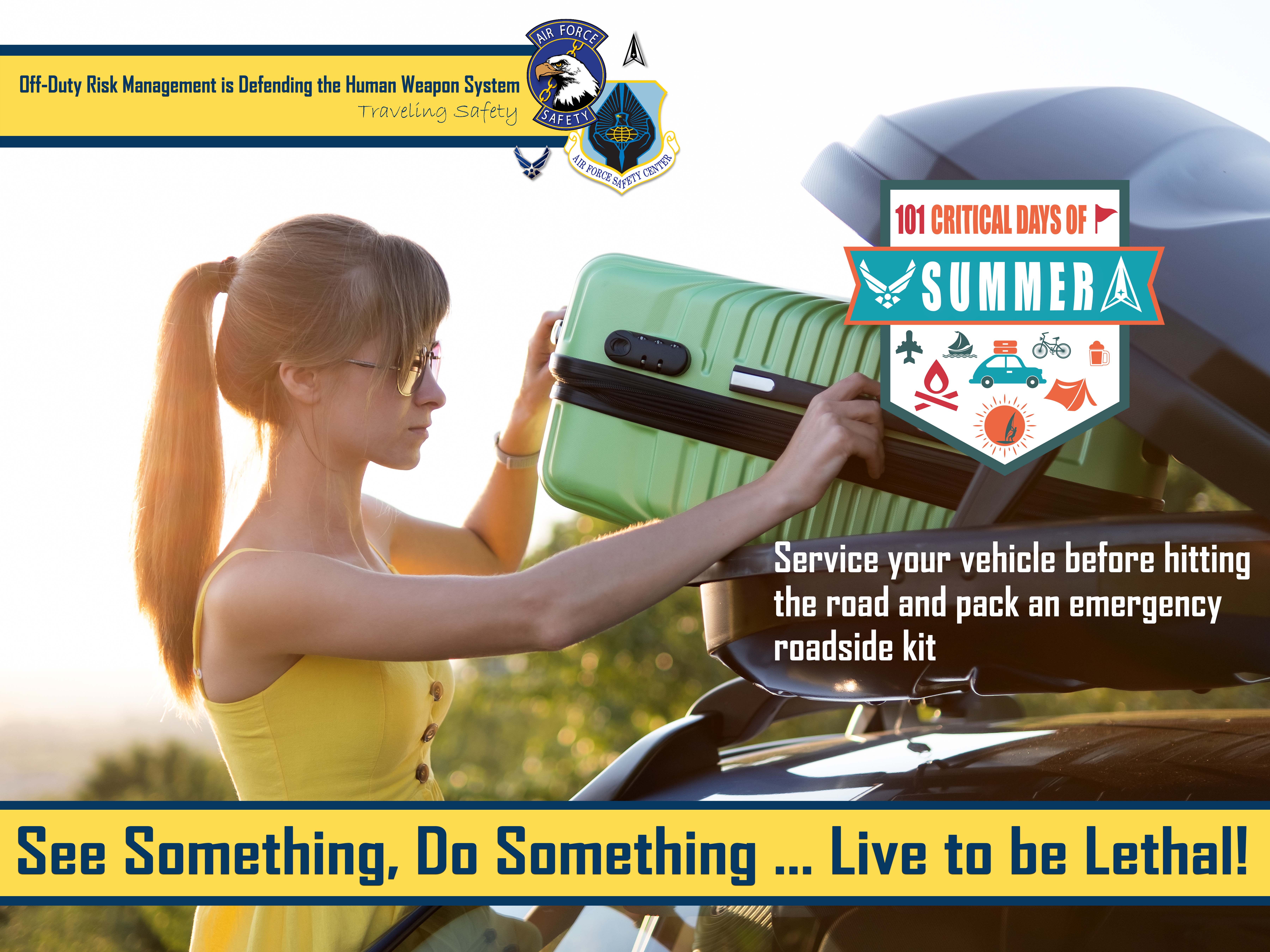 Travel Safety Poster - female packing luggage into vehicle roof carrier.